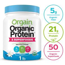 Orgain Organic Plant Based Protein + Superfoods Powder, Vanilla Bean - Vegan, Non Dairy, Lactose Free, No Sugar Added, Gluten Free, Soy Free, Non-GMO, 1.12 lb